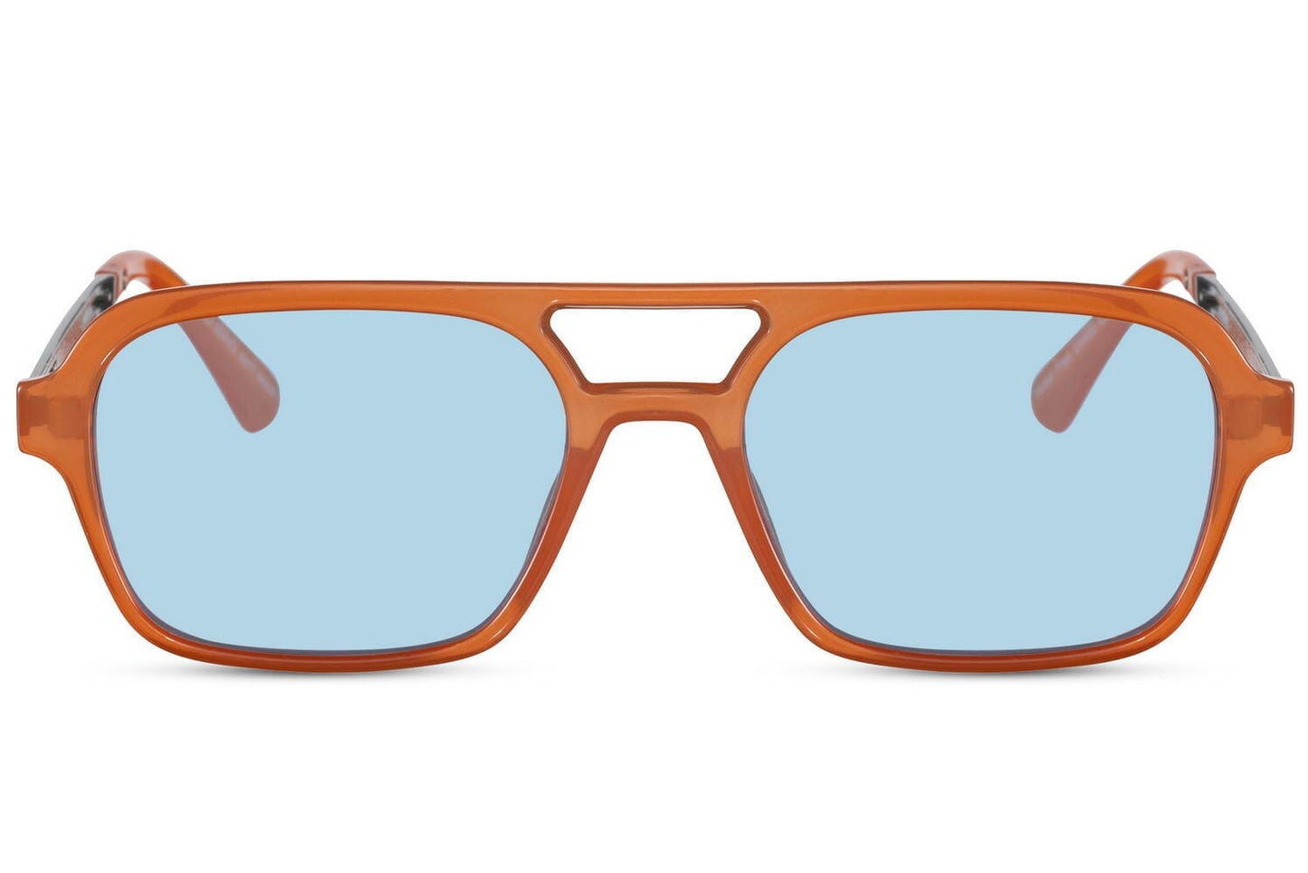 Acetate aviator sunglasses. Blue lenses. Orange frames.