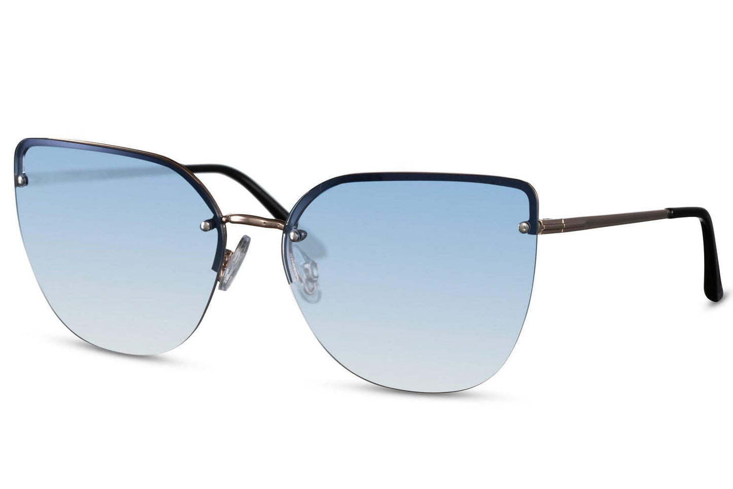 Blue lens eyewear. Black frames.