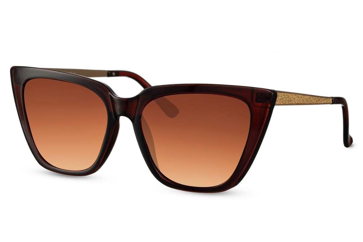 Brown pointy cat eyes. UV400 protected. Gold sparkly arms.