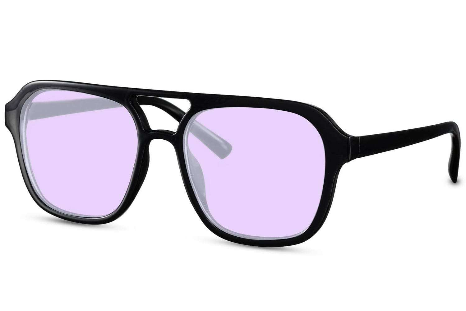 Purple lens aviators side view. Purple lenses. Black acetate frames.