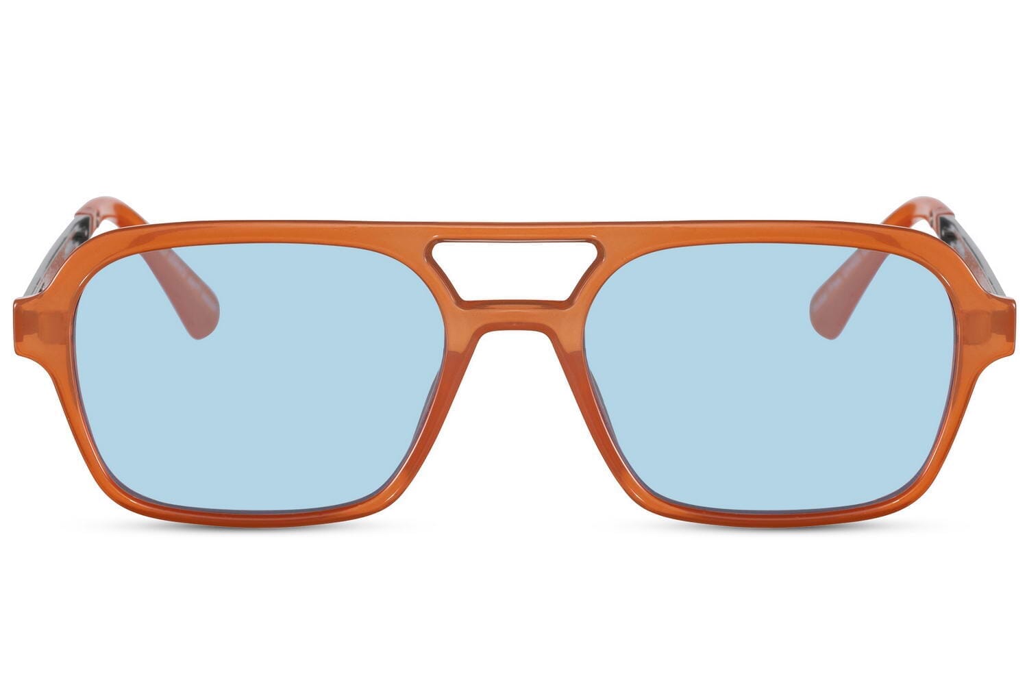 Acetate aviator sunglasses. Blue lenses. Orange frames.