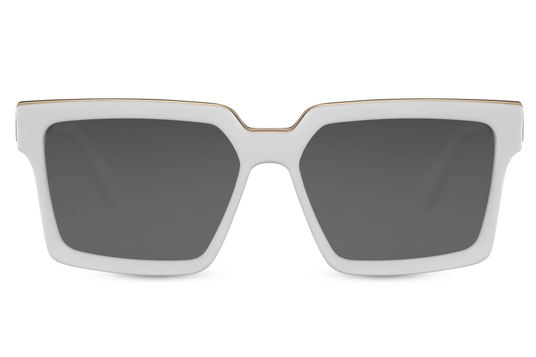 Angular sunglasses women's. White frames, dark grey lenses. UV400 protected.