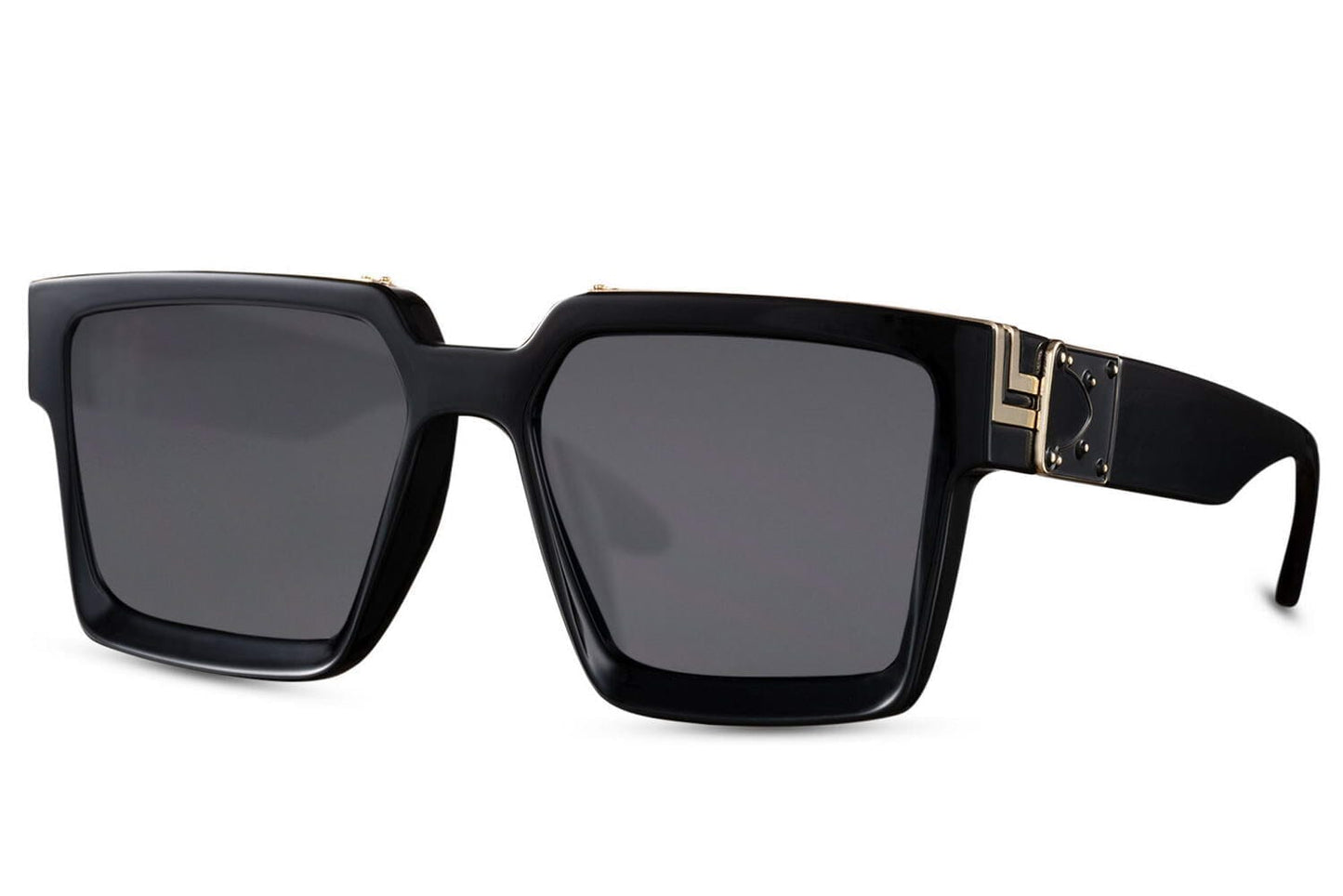 Black oversize sunglasses. Gold embellish detail on the sides.