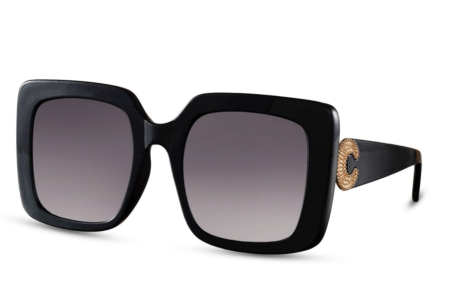 Black square glasses. Gold embellised detail on the sides. Acetate material. UV400 protected.