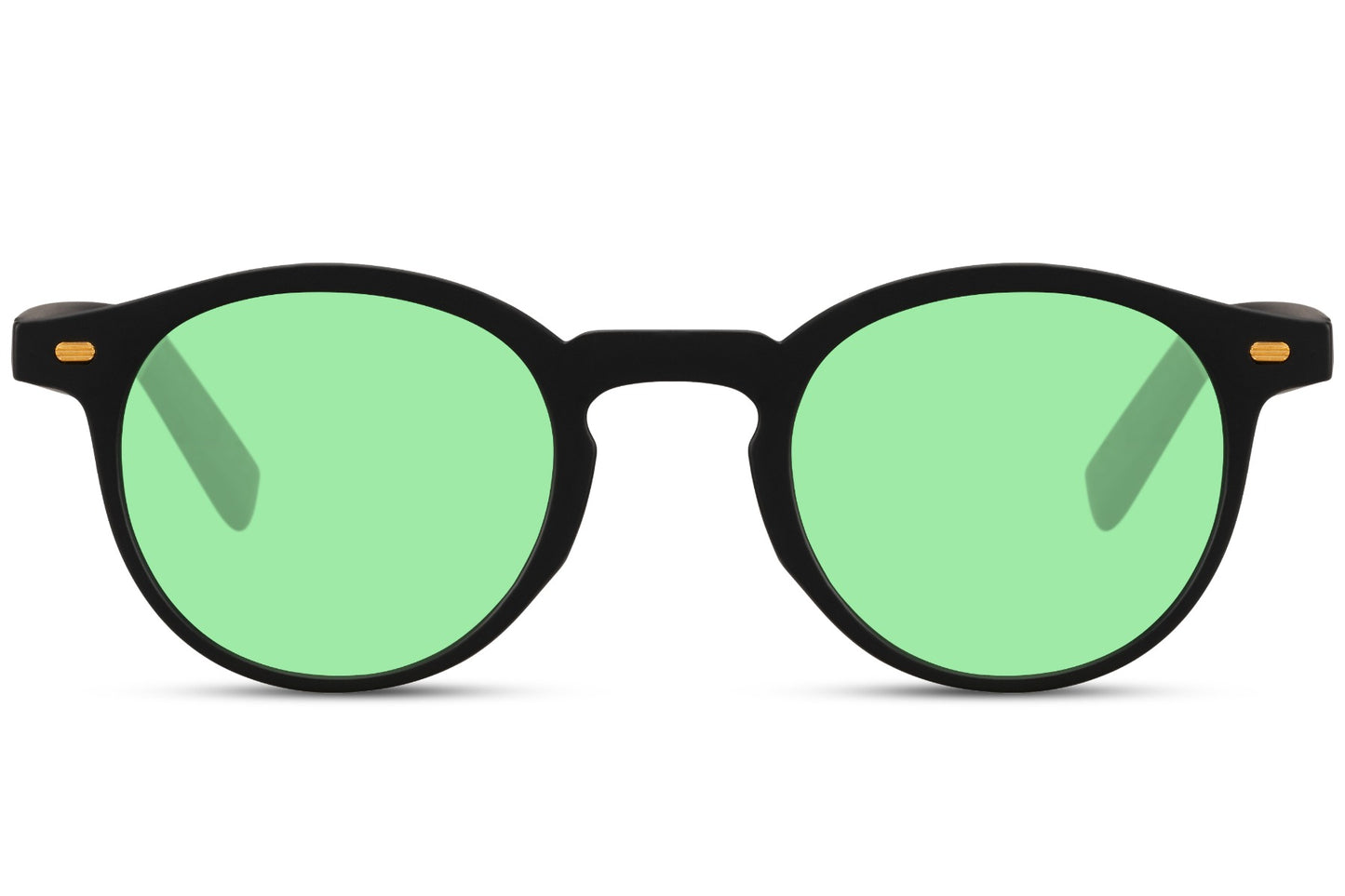 Green lens round sunglasses. Dark frames. 