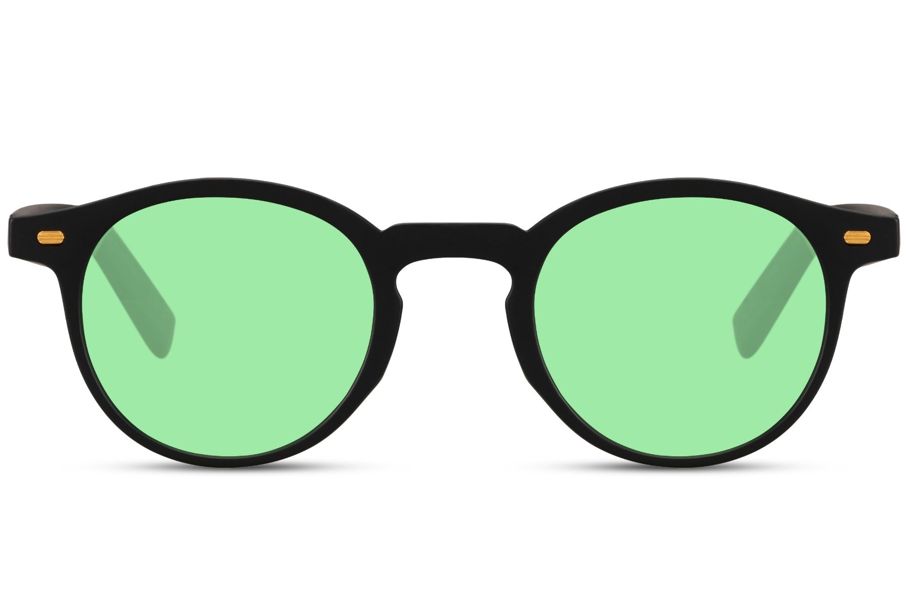 Green lens round sunglasses. Dark frames. 