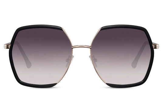 Hexagon sunglasses. UV400 protected. Metal frames. Gradient lenses. Black edging around glasses.