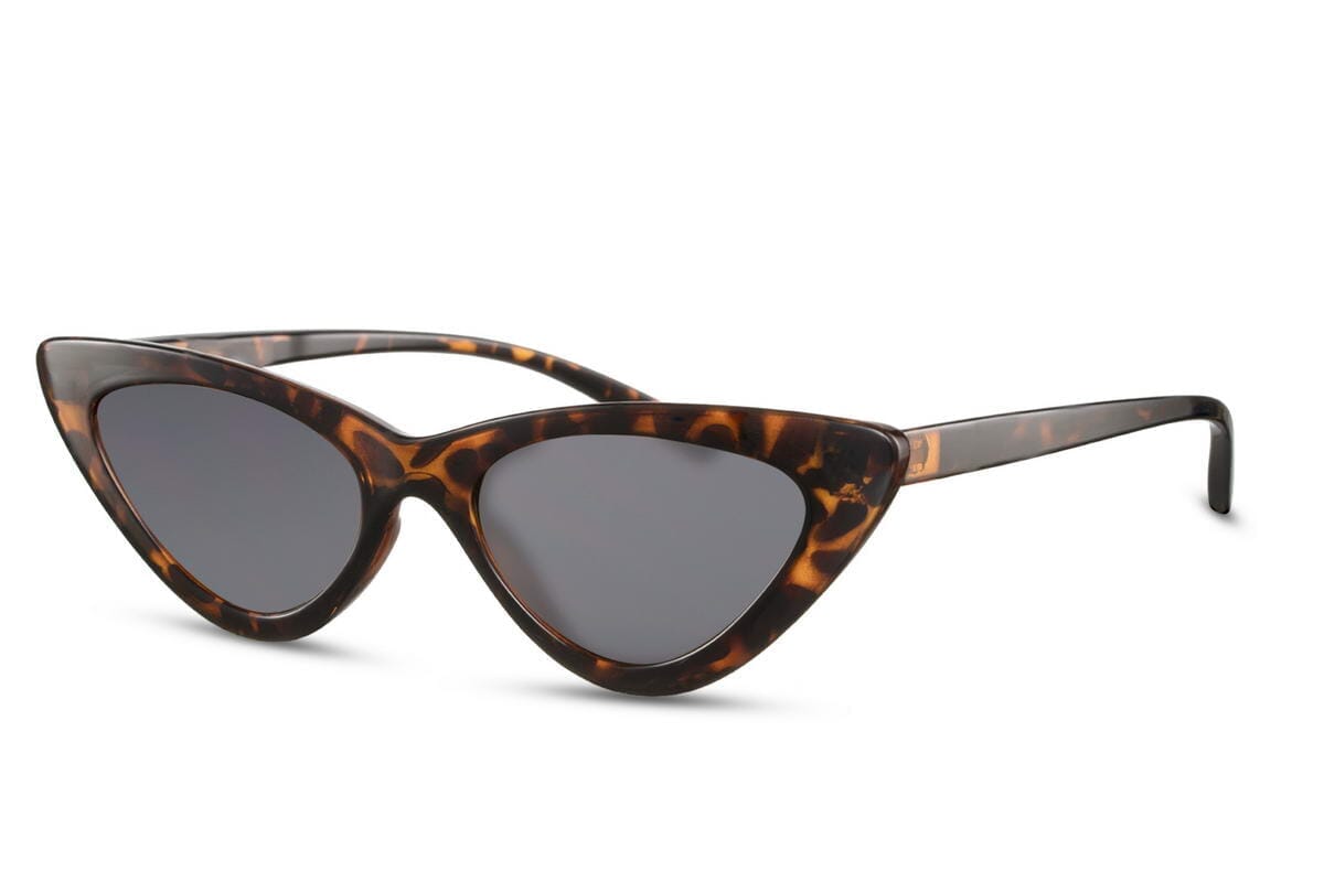 Narrow cat sunglasses. Black lenses. Tortoiseshell frames.