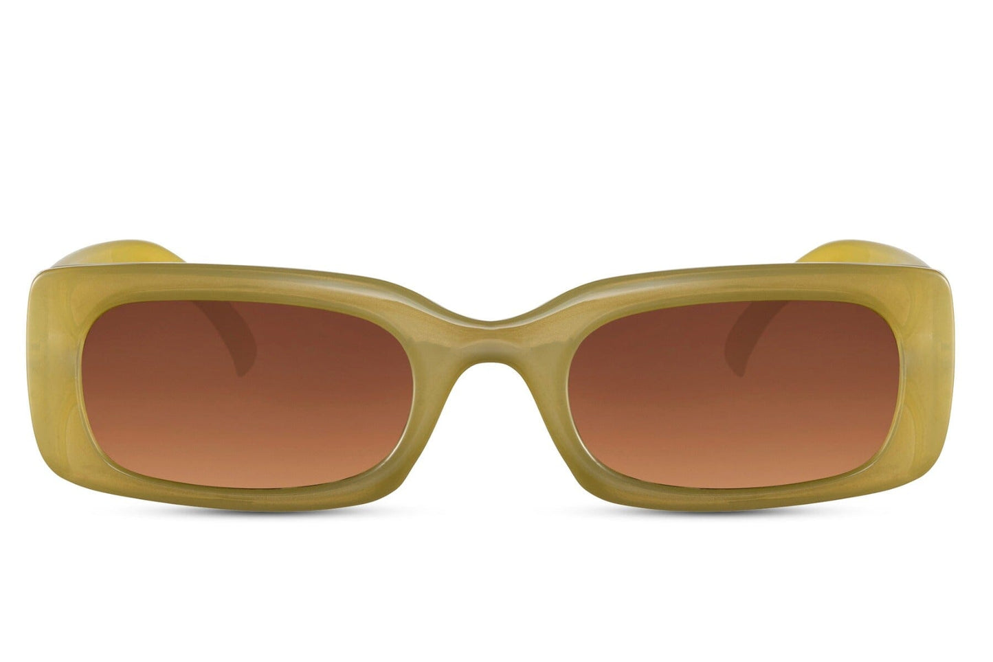 Narrow rectangular sunglasses. UV400 protected. Brown lenses. olive green frames.