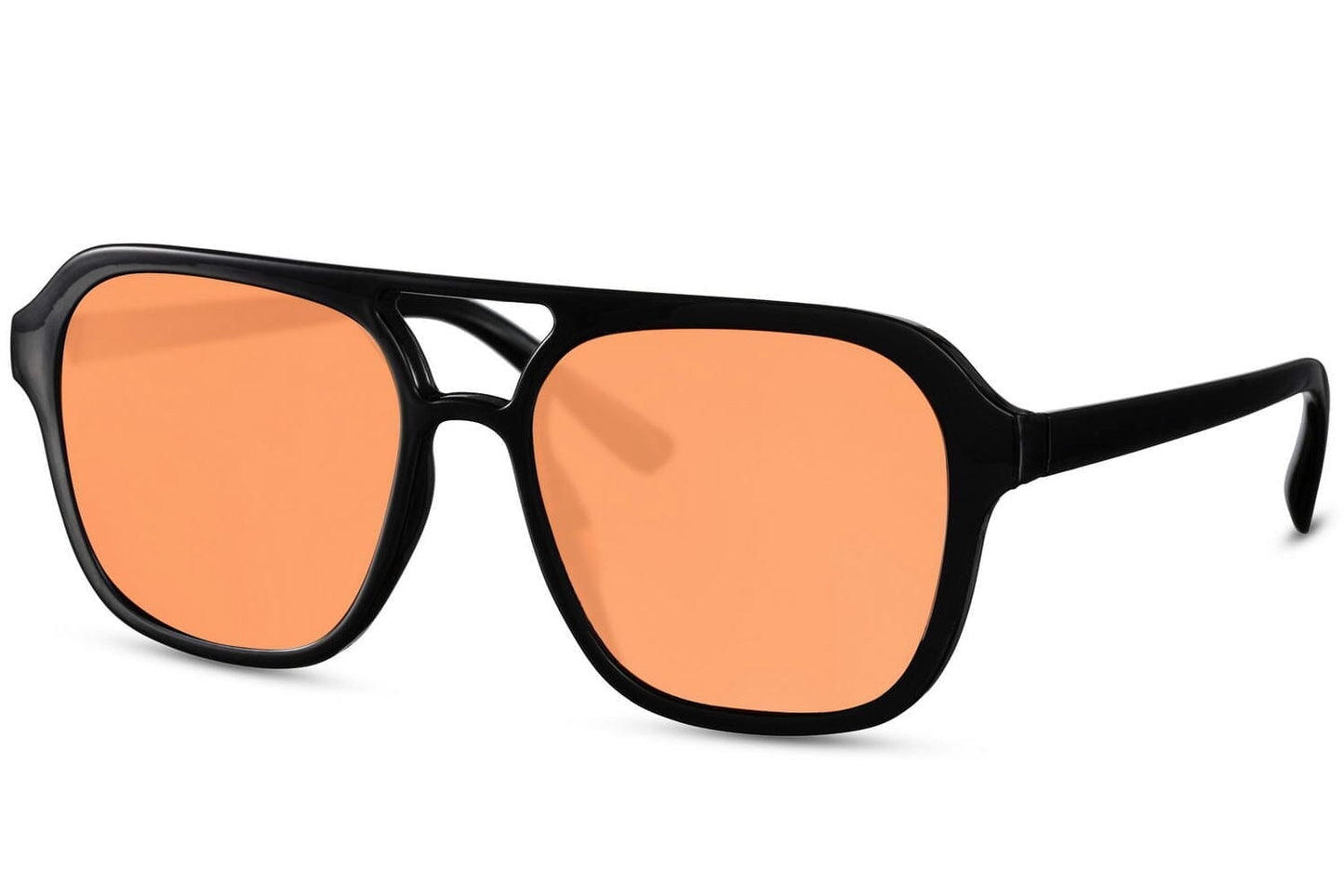 Orange aviator sunglasses. Black frames. UV400 protected.