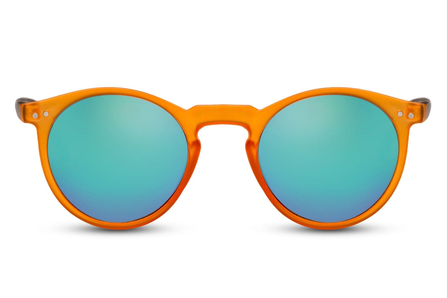 Orange round sunglasses. Blue lenses.