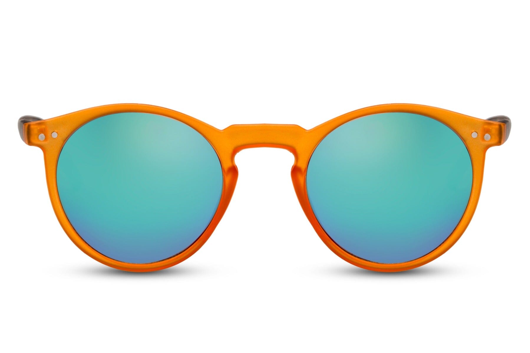 Orange round sunglasses. Blue lenses.