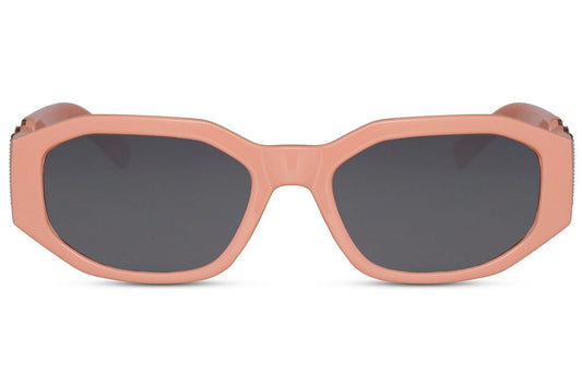 Orange sunglasses. Dark lenses. Gold detail on the sides.