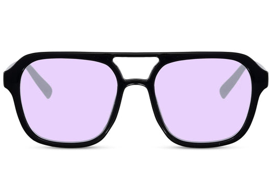 purple aviator sunglasses. Uv400 protected sunglasses. Black acetate frames.
