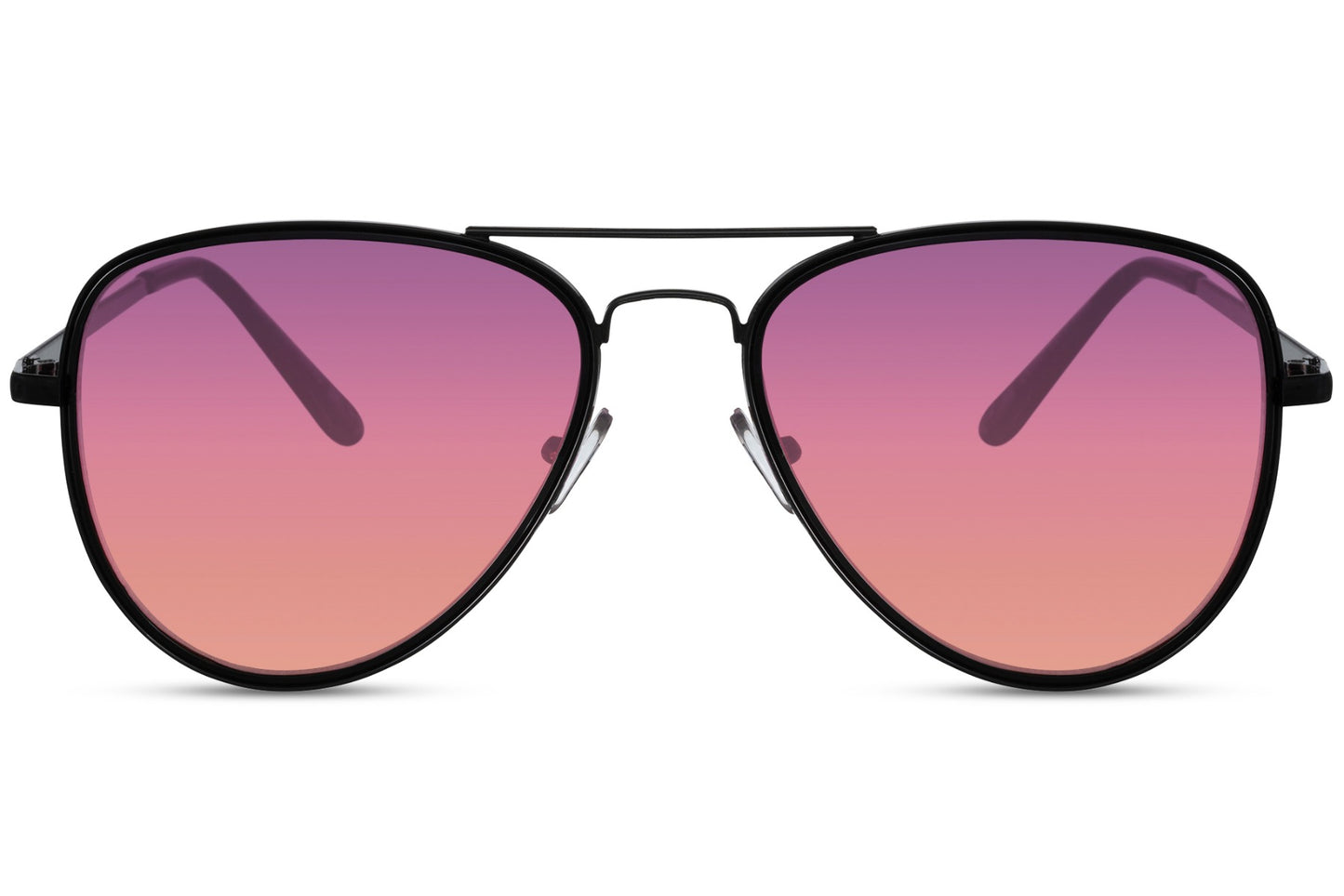 Purple lens aviator sunglasses, black frames.