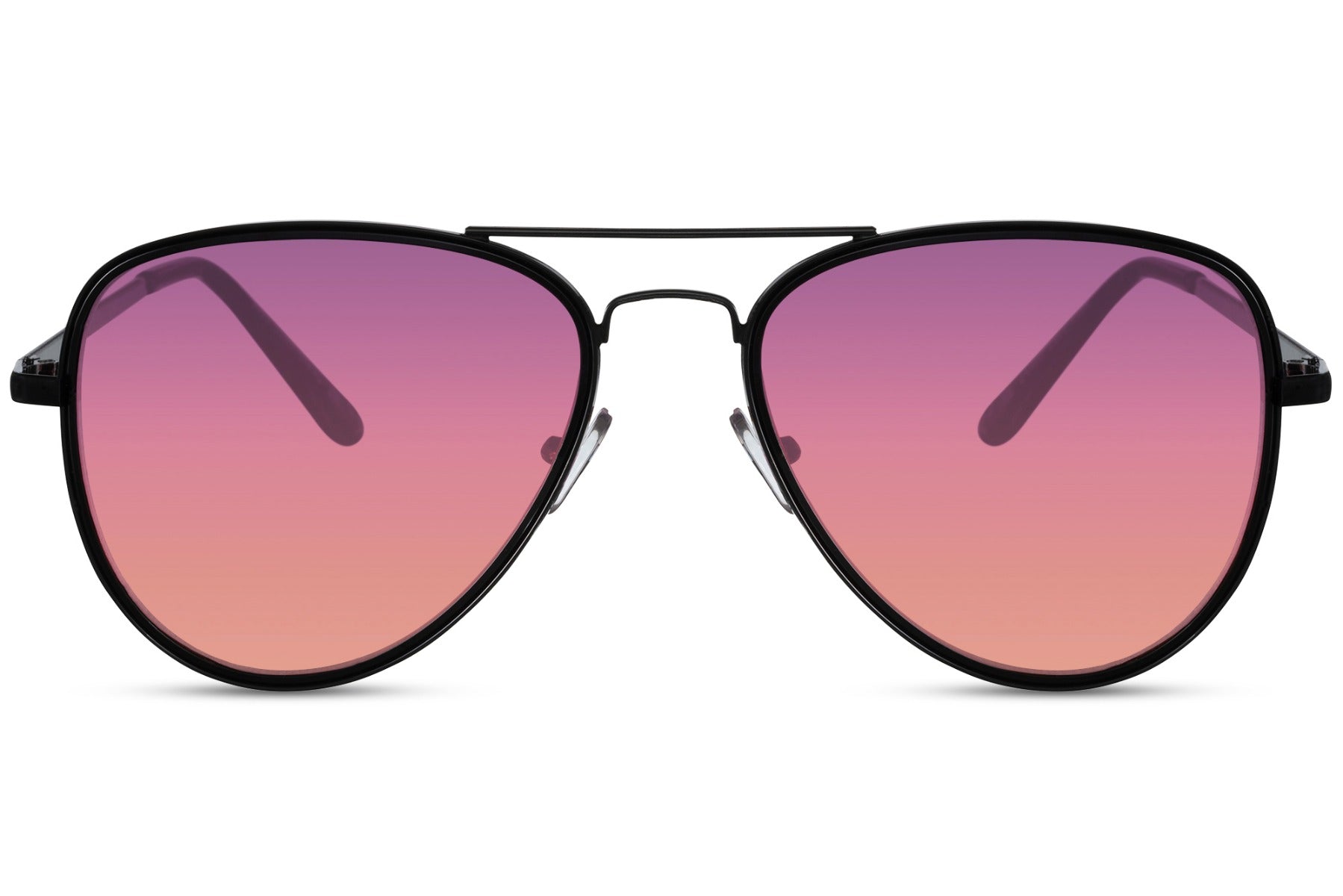 Purple lens aviator sunglasses, black frames.