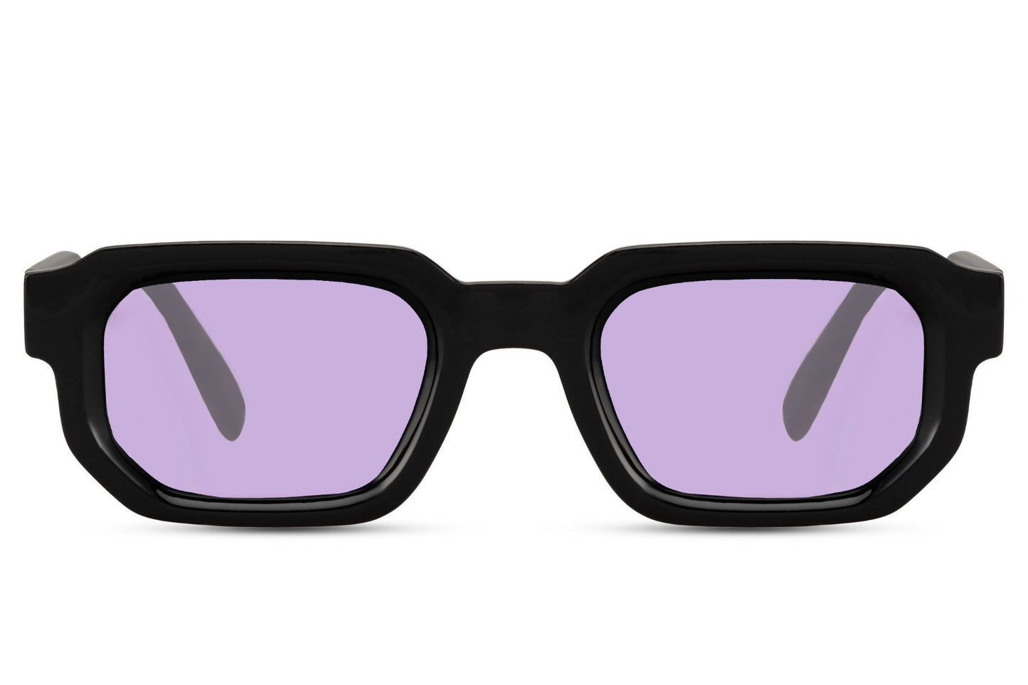 Purple lens chunky square sunglasses for women. Black lenses.