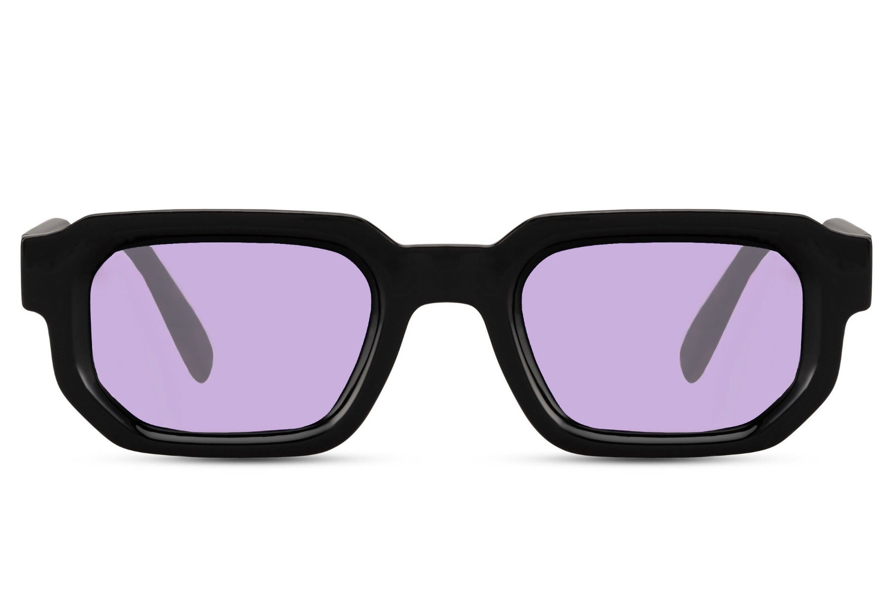 Purple lens chunky square sunglasses for women. Black lenses.