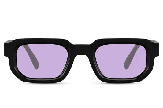 Purple lens chunky square sunglasses for women. Black lenses.