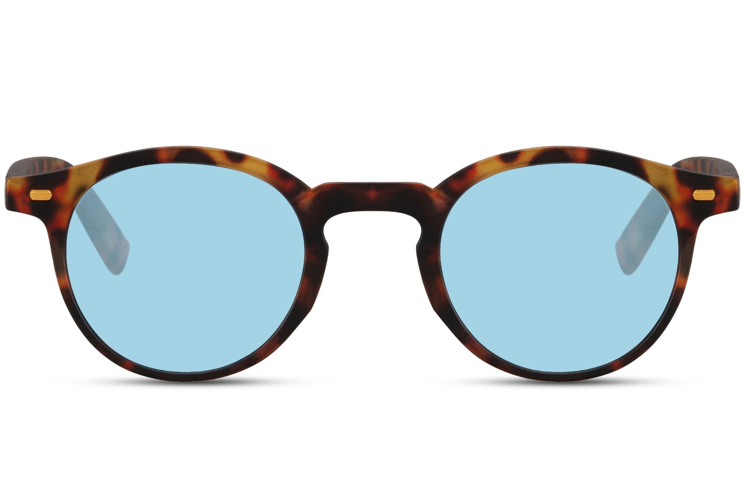 Round keyhole sunglasses. Blue lenses. Dark frames. 