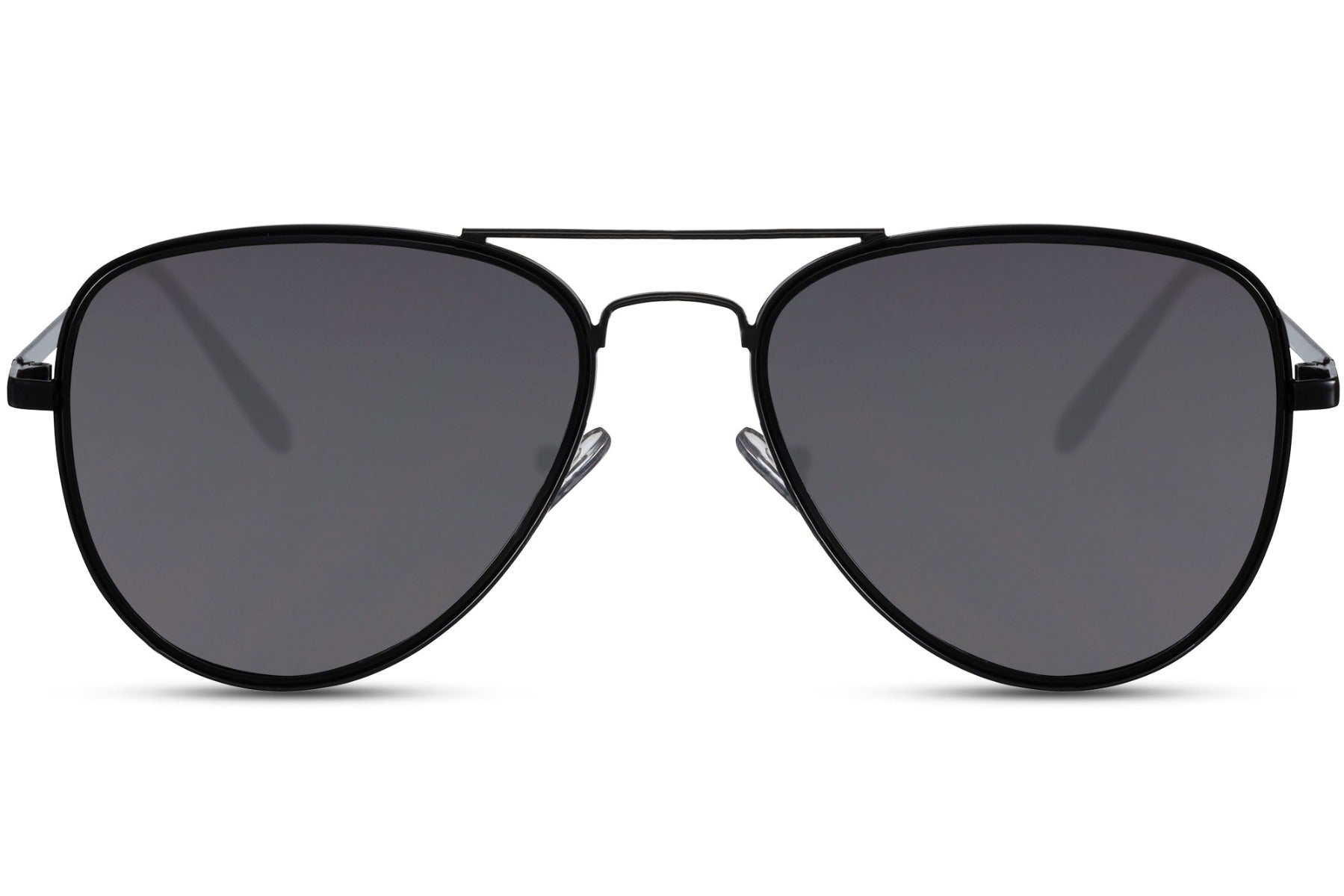 Black aviator frames sunglasses and black lenses.