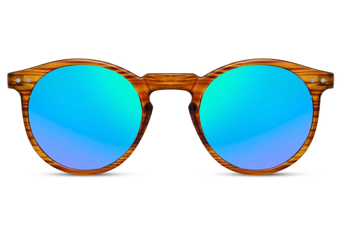 wood effect round sunglasses. Uv400 protected. Made from recycled materials.