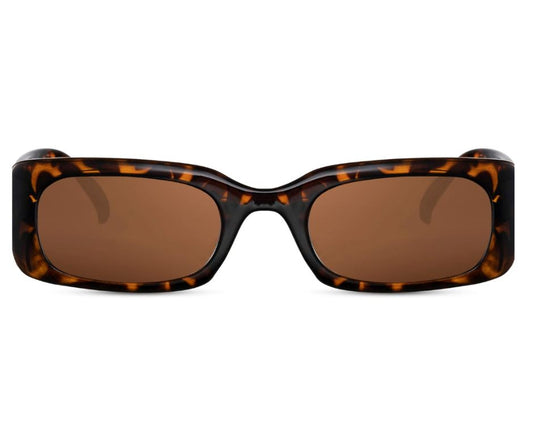 Narrow sunglasses. Brown lenses. Thick acetate lenses.